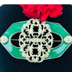 Vintage Signed ELLE  Green Enamel Filigree Dark Gold Brooch Pin